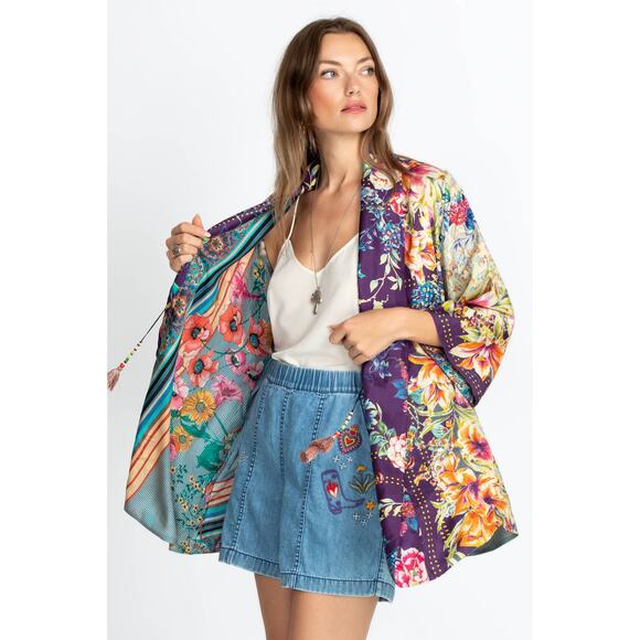 New Johnny Was Weller Topiary Hunter Kimono Purple Floral Reversible Tie Sz S - Picture 4 of 12